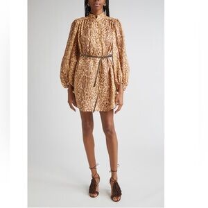 ZIMMERMANN Cascadian Leopard Print Mini Tunic Dress With Belt Various Size Tan